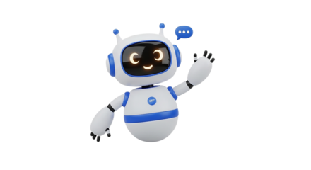 Friendly cartoon robot waving hello with a chat bubble