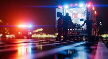 Ambulance emergency rescue team night city street scene Dramatic lighting Vector illustration