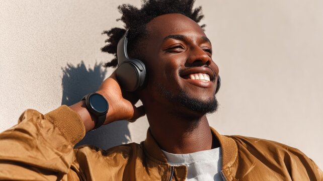 A close-up of a young man wearing headphones, smiling brightly and holding a smartwatch with a blank black display on his wrist.
