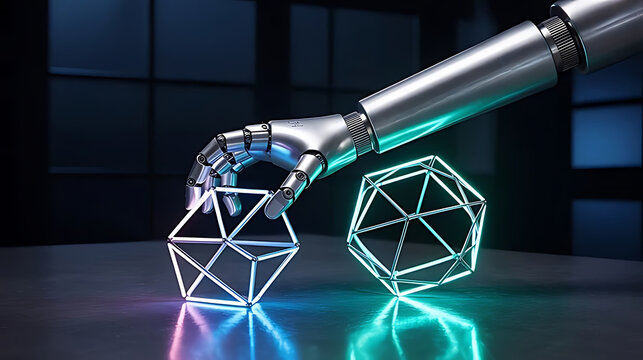 Robotic hand interacting with geometric shapes robot arm