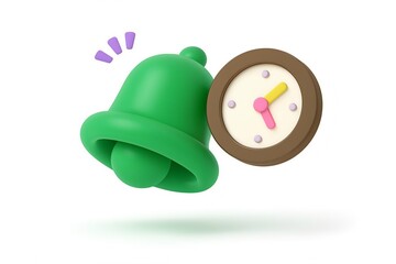 Green 3d cartoon bell icon with a simple clock face symbolizing time and alerts on a white background