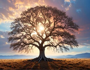 Majestic tree at sunset over a field