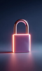 Fototapeta premium Stylized neon padlock glowing in pink and purple light on dark background, representing digital security and data protection 