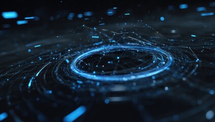 A dynamic, swirling design features a central ring of bright blue light, outlined by connecting lines and dots, on a dark background.