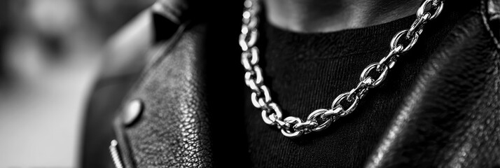 Stylish chain necklace worn by person in black leather attire
