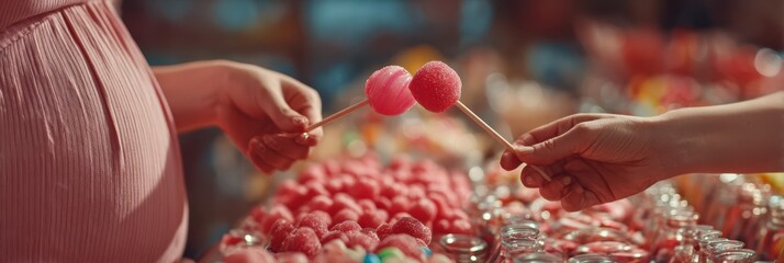 Colorful candy treats exchanged between two hands at a festive market during the evening