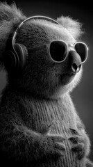 Koala wearing headphones and sunglasses enjoys relaxing music