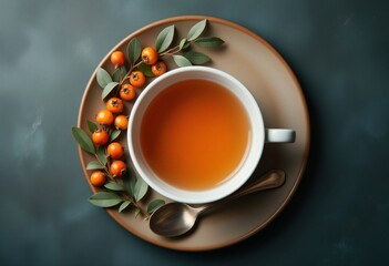 Warm cup of herbal buckthorn tea with berries
