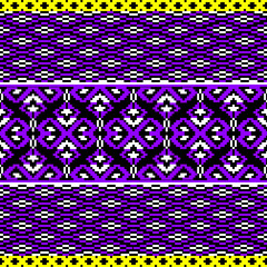 black and white pattern
Pixelated ethnic textile pattern featuring symmetrical horizontal bands with diamond and cross motifs in purple, black, and white. Accented with yellow borders and traditional 