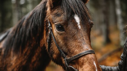 Close-up view of a brown horse in a forest during autumn showcasing its features and the warmth of the surroundings