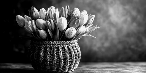 Beautiful tulips and Easter eggs in woven basket centerpiece