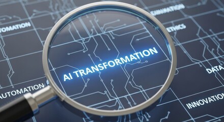 Magnifying glass highlighting AI Transformation on a digital circuit board
