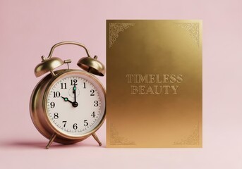 Golden alarm clock and "Timeless Beauty" sign on pink background