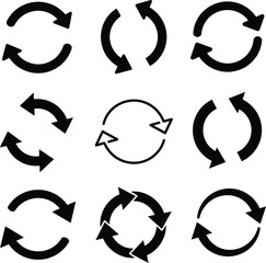 Collection of black circular arrows showing different rotation and loop directions
