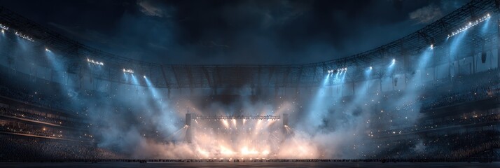 Large crowd enjoys an exhilarating concert at a stadium filled with vibrant lights and atmospheric smoke
