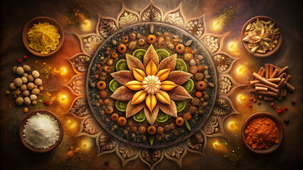Obraz premium Illustrated glowing spices mandala made of cinnamon turmeric ginger glowing in surreal organic eco friendly illustration