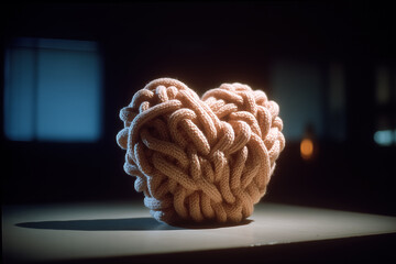 Heart-shaped chunky knit sculpture in soft lighting on wooden table