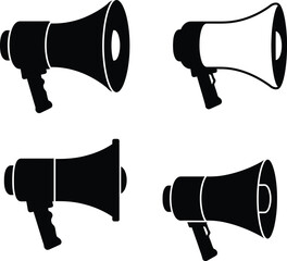 Four black silhouette images of vintage handheld megaphone devices displayed © MosaAmena