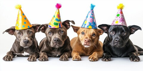 Dogs celebrate at a festive party wearing colorful party hats with playful decorations indoors