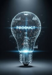 Glowing digital light bulb with PRODUCT text inside, symbolizing innovation and technology