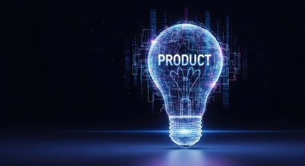 Glowing digital light bulb with PRODUCT text, representing innovation