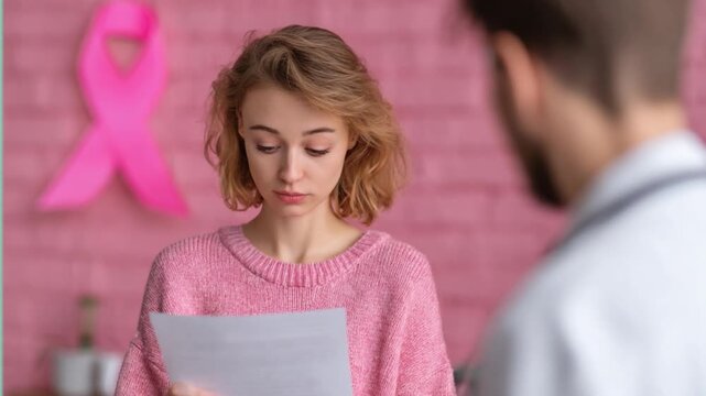 Pink Ribbon Support: A woman in pink, reflecting the somber mood, reviews documents with a doctor, set against a background of a pink ribbon, representing breast cancer awareness.