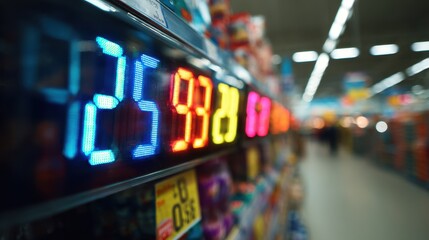 Closeup medium shot of an LCD digital price tag glowing with vibrant colors and sharp numbers the surrounding retail environment softly out of focus.