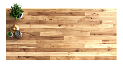 Overhead view of a light-colored wooden surface with decorative objects