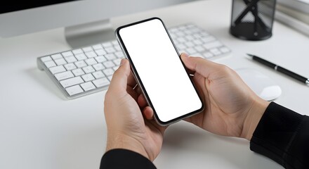 Hands Holding a Blank Smartphone Screen Mockup at a Modern White Office Desk