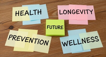 Conceptual sticky notes outlining health, longevity, prevention, and wellness for the future