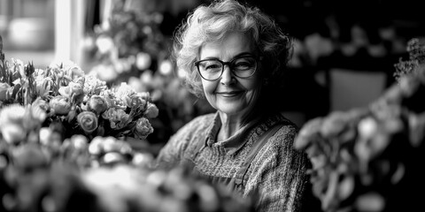 Elderly woman surrounded by flowers in a cozy shop setting