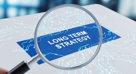 Magnifying glass over Long Term Strategy with technology background