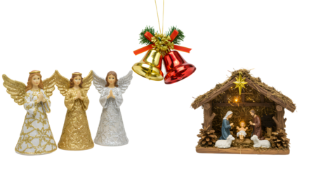 Christmas angel figurines and nativity scene with bells holiday decoration perfect for seasonal Christmas celebrations