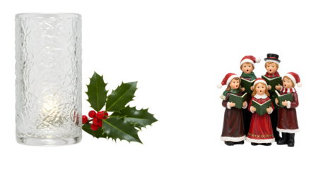 Christmas carolers figurines with candle holder and holly decoration, festive holiday scene, perfect for Christmas celebrations