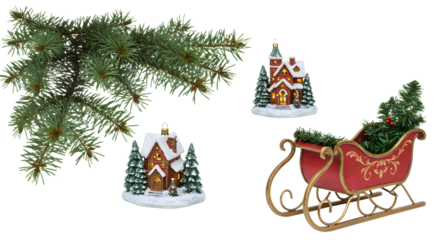 Christmas decor with evergreen branches, miniature snowy cottages, and red Santa sleigh, perfect for holiday decorating and winter celebrations