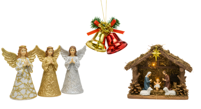 Christmas angel figurines and nativity scene with bells holiday decoration perfect for seasonal Christmas celebrations