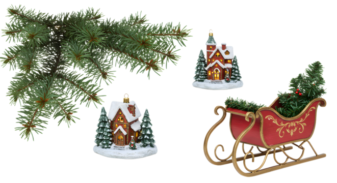 Christmas decor with evergreen branches, miniature snowy cottages, and red Santa sleigh, perfect for holiday decorating and winter celebrations - Powered by Adobe
