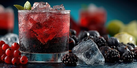 Refreshing cocktail with vibrant colors and fresh berries served on a dark textured surface