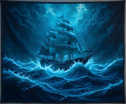 A mysterious tapestry depicting an old-fashioned sailing ship navigating through rough waves