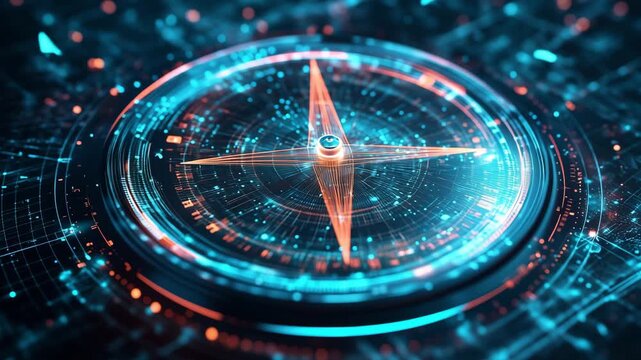 A close examination of a digital compass featuring glowing lines and geometric patterns set against a high tech backdrop