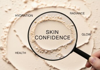Magnifying glass over cosmetic powder highlighting Skin Confidence, surrounded by words like hydration, radiance, glow, and health