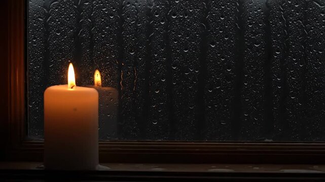 Candlelight Rain Window - A single lit candle sits on a windowsill, its warm glow contrasting with the dark, rainy night outside. Rain droplets cling to the glass, blurring the view beyond.