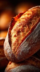Freshly baked artisanal bread loaves stacked in a warm, inviting bakery setting