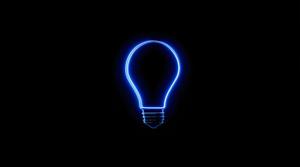 Minimalist neon light bulb glowing in blue on a black background, symbolizing creativity, innovation, and bright ideas. Ideal for tech, startup, and design-themed visuals.