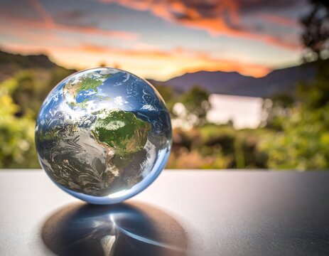 Glass globe of Earth at sunset
