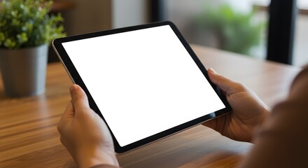 Hands Holding a Blank Screen Tablet Mockup in a Modern Cafe or Office Setting