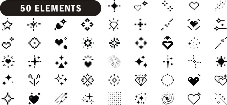 Pixel art geometric shapes set. Hearts, stars, sparkles, retro, gaming, decorative and more