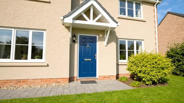 Charming Suburban House with Blue Door - A charming suburban house with a blue front door, manicured lawn, and well-maintained landscaping.