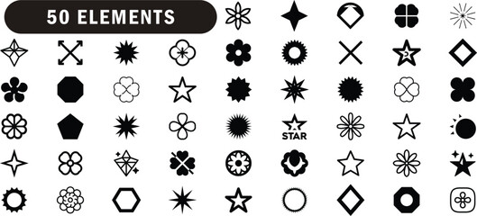 Geometric star flower abstract shape collection black vector icons set isolated on white background