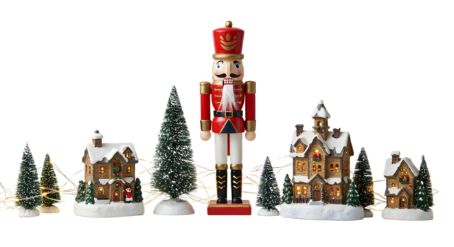 Christmas nutcracker soldier figurine with miniature frosted pine trees and snow-covered holiday village houses perfect for festive decoration
